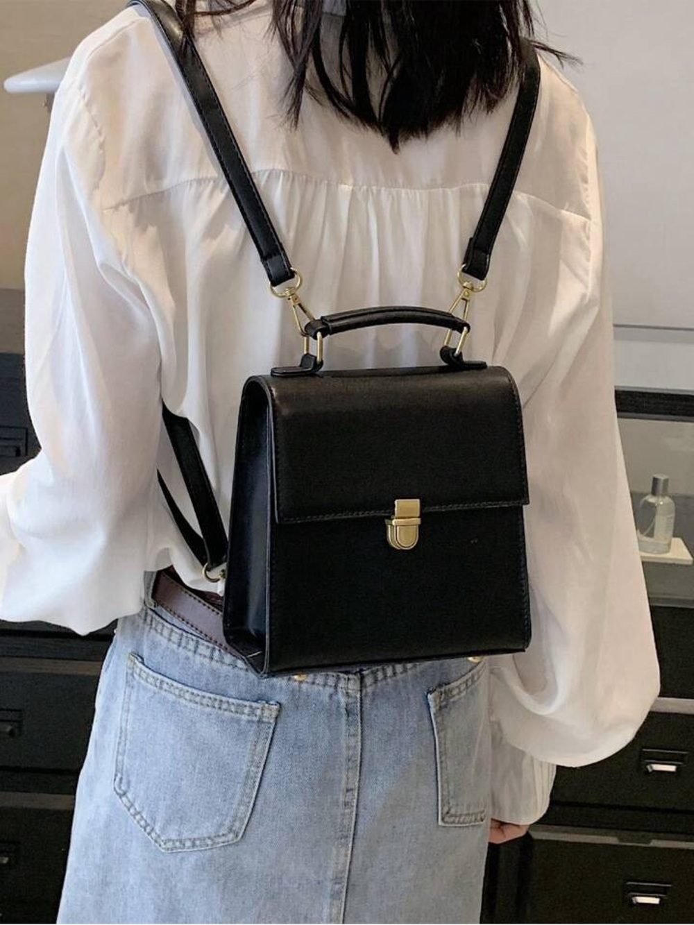 Black Structured Mini Backpack with Gold Hardware